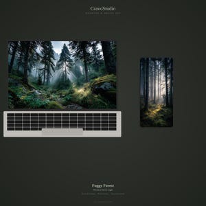 Papel de parede Floresta Nebulosa | Pinheiros Envoltos em Neblina, Luz Dourada (Download Digital)