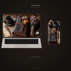 May include: A laptop and smartphone display a vintage desk flat lay. The laptop screen shows a coffee cup, pen, antique book, dried flowers, and a pocket watch. The smartphone displays similar items, including a journal and a small bottle.