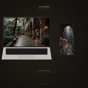 May include: A laptop and smartphone display a gothic cloister corridor scene. The laptop is silver with a black keyboard. The smartphone is to the right of the laptop. The scene features stone arches, a pathway, and warm lighting.