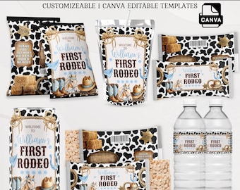 Lot de 1ère fête d'anniversaire de rodéo de cow-boy, pack fête d'anniversaire Hoedown, étiquettes modifiables pour cadeaux de rodéo, sac à jetons imprimable, étiquette de bouteille