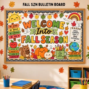 May include: A rectangular bulletin board with a black and white gingham border featuring the text FALL SZN BULLETIN BOARD. The display includes colorful autumn-themed illustrations like pumpkins, a squirrel, leaves, a rainbow, and school supplies.