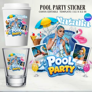 Puede incluir: Una plantilla de diseño digital para una pegatina de fiesta en la piscina de 8,9 x 8,9 cm, con una persona con pañuelo azul, una piscina, un flotador de flamenco rosa, una sombrilla amarilla y el texto Natalia y Pool Party en un vaso.