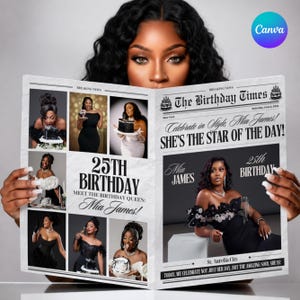 Può includere: Un giornale personalizzato intitolato The Birthday Times con diverse fotografie di una persona che festeggia il suo 25° compleanno. Il layout include il testo 25TH BIRTHDAY, MEET THE BIRTHDAY QUEEN: MIA JAMES e SHE'S THE STAR OF THE DAY!