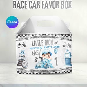 Etichetta per scatola bomboniera a tema auto da corsa, decorazioni per la festa di compleanno "Fast One", scatola bomboniera stampabile a tema auto da corsa, scatola bomboniera modificabile per il primo compleanno a tema corse.