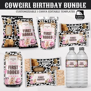 May include: A cowgirl-themed birthday party bundle with various items. The items include chip bags, juice pouches, candy bar wrappers, water bottle labels, and a soda can, all featuring a pink and brown rodeo design with the text "Olivia's First Rodeo."