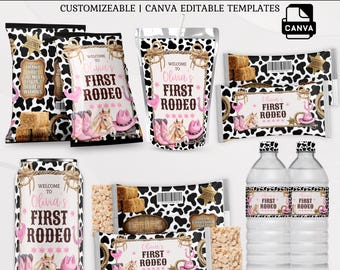 Lot de 1ère fête d'anniversaire de rodéo de cow-girl, pack fête d'anniversaire Hoedown, étiquettes modifiables pour cadeaux de rodéo, sac à jetons imprimable, étiquette de bouteille