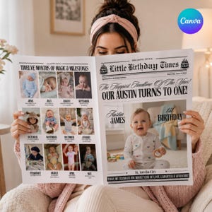 以下が含まれることがあります： Little Birthday Timesというタイトルのカスタム新聞。月ごとにラベル付けされた12枚の赤ちゃんの写真のコラージュと、Our Austin Turns To Oneという大きな見出しが特徴で、白い紙にテキストと写真で1歳の誕生日を祝うデザイン。