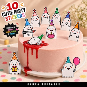 Peut inclure: Un ensemble de 10 autocollants fantômes blancs avec diverses expressions et chapeaux de fête, présentés sur un gâteau rose. Le texte inclut 10 CUTIE PARTY STICKERS, PERFECT FOR CAKES, CUPS, GIFTS & MORE!, et CANVA EDITABLE. Un fantôme tient un couteau.