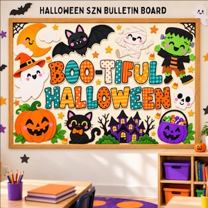 May include: A rectangular bulletin board with a wooden frame featuring the text HALLOWEEN SZN BULLETIN BOARD at the top and BOO-TIFUL HALLOWEEN in the center. It includes cutouts of a moon, bat, mummy, ghost, pumpkin, cat, house, and skull.