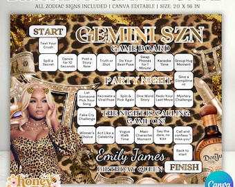 Gemini SZN födelsedagsbrädspel, Cheetah Pritn-dricksbrädspel, Möhippa-spelbräde Gemini-säsongsfest-brädspel redigerbar mall