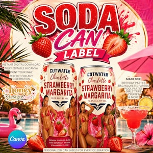 Redigerbar Margarita-burkförpackningsetikett, läskburkförpackningsmall Canva Vuxna festfavoriter Dryckesetiketter, Festfavoritmall (digital nedladdning), bild 1