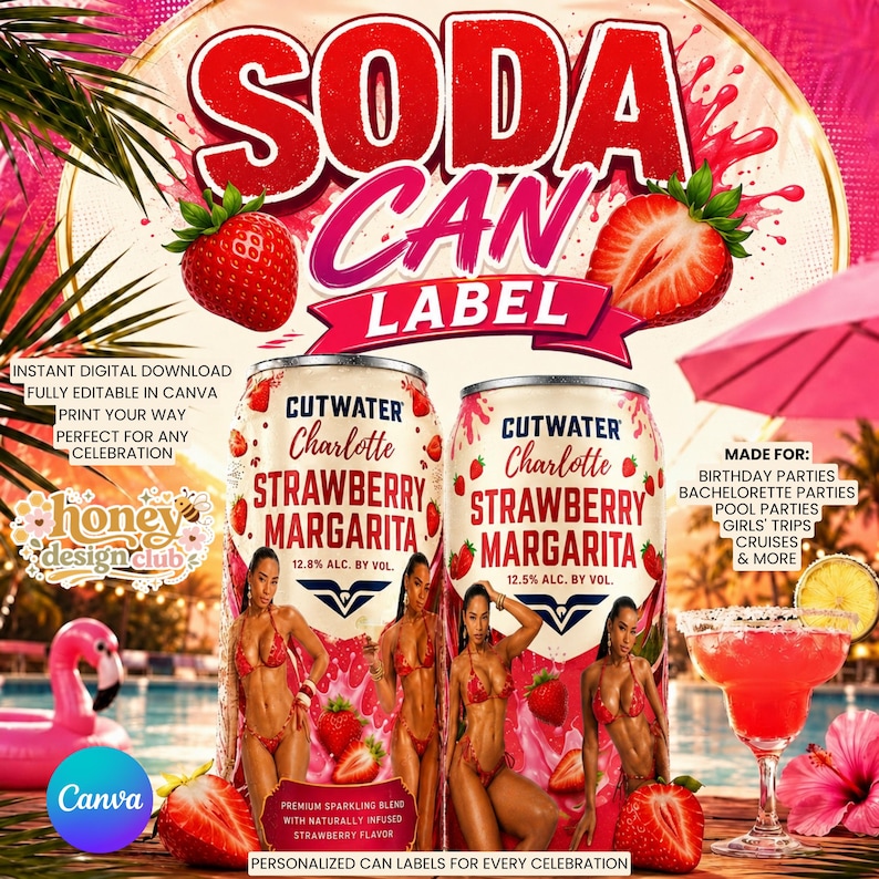 Redigerbar Margarita-burkförpackningsetikett, läskburkförpackningsmall Canva Vuxna festfavoriter Dryckesetiketter, Festfavoritmall (digital nedladdning), bild 1