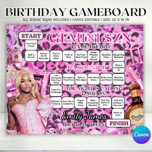 May include: A pink and leopard print birthday game board with the text "Gemini SZN" and "Party Night." The board includes game prompts like "Text Your Crush" and "Karaoke Time." The board is 50.8 x 40.6 cm and Canva editable.
