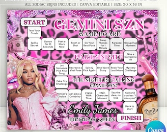 Gemini SZN Födelsedagsspel Rosa gepard Dricksspel Möhippa Spelbräde Gemini Säsongsfest Brädspel Redigerbar mall