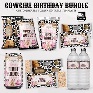 Paquete de fiesta de cumpleaños con temática de rodeo para niñas, paquete de fiesta de cumpleaños con temática campestre, etiquetas editables para recuerdos de rodeo, bolsa de papas fritas imprimible, etiqueta para botella.