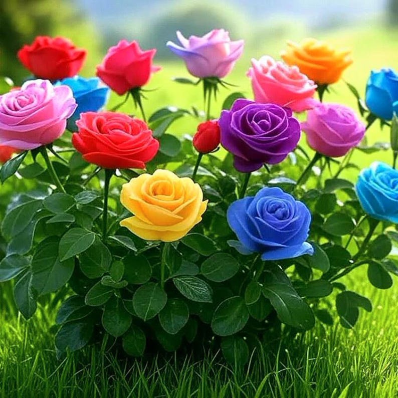 Pode incluir: Uma exibi&ccedil;&atilde;o vibrante de rosas coloridas em plena flora&ccedil;&atilde;o. As rosas exibem um espectro de tons, incluindo vermelho, rosa, amarelo, laranja, roxo e azul. Folhagem verde exuberante fornece um pano de fundo para as flores multicoloridas.