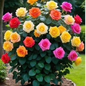 Pode incluir: Um roseira vibrante com flores multicoloridas. As rosas exibem um espectro de cores, incluindo amarelo, laranja, vermelho e rosa. O arbusto &eacute; rodeado por folhagem verde, num fundo de relva e uma &aacute;rvore.