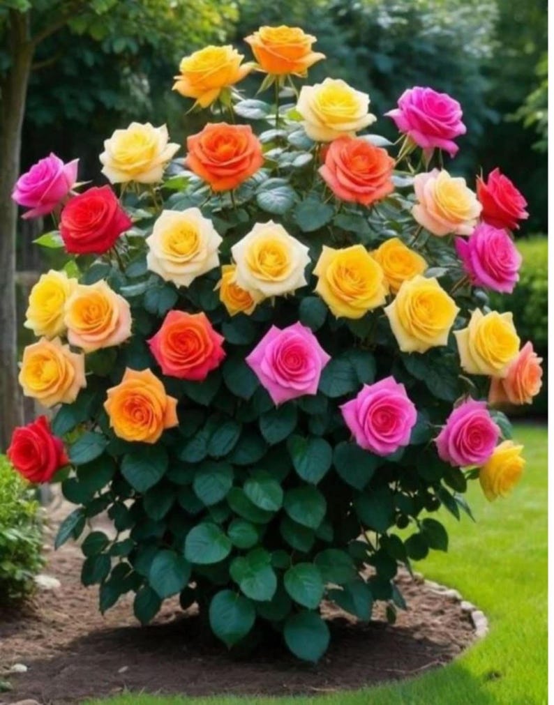 Pode incluir: Um roseira vibrante com flores multicoloridas. As rosas exibem um espectro de cores, incluindo amarelo, laranja, vermelho e rosa. O arbusto &eacute; rodeado por folhagem verde, num fundo de relva e uma &aacute;rvore.