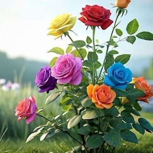Pode incluir: Um vibrante buqu&ecirc; de rosas multicoloridas em plena flora&ccedil;&atilde;o. As rosas exibem um espectro de cores, incluindo vermelho, amarelo, rosa, roxo, azul e laranja, em um fundo de folhagem verde e um fundo suave e desfocado.