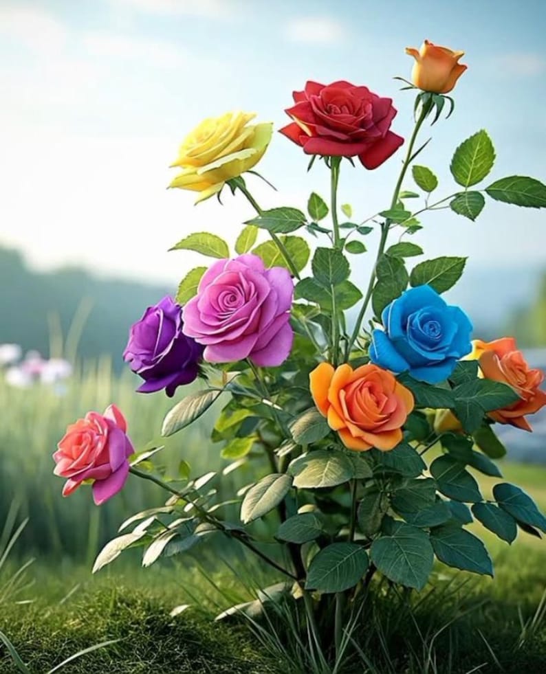 Pode incluir: Um vibrante buqu&ecirc; de rosas multicoloridas em plena flora&ccedil;&atilde;o. As rosas exibem um espectro de cores, incluindo vermelho, amarelo, rosa, roxo, azul e laranja, em um fundo de folhagem verde e um fundo suave e desfocado.