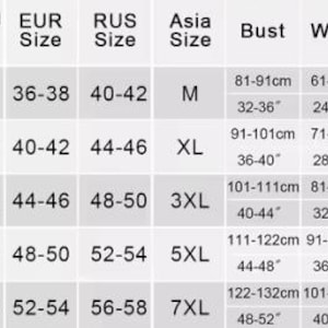 May include: A black and white clothing size conversion chart featuring columns for international, US/CA, UK/AU, EUR, RUS, and Asia sizes. It includes bust, waist, and hip measurements in centimetres and inches, plus weight ranges in kilograms and pounds.