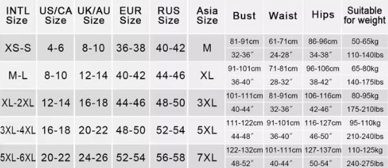 May include: A black and white clothing size conversion chart featuring columns for international, US/CA, UK/AU, EUR, RUS, and Asia sizes. It includes bust, waist, and hip measurements in centimetres and inches, plus weight ranges in kilograms and pounds.