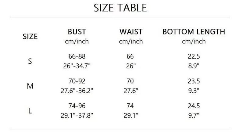Pu&ograve; includere: Tabella delle taglie con misure di busto, vita e lunghezza del fondo in cm e pollici. Le taglie S, M e L sono indicate, con misure del busto da 66 cm a 96 cm, vita da 66 cm a 74 cm e lunghezza del fondo da 22,5 cm a 24,5 cm.