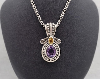 Vintage Sterling Silver Amethyst Citrine Pendant Necklace 925 Ornate Beaded Setting 18” 23g