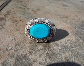Sterling Silver Turquoise Ring White Enamel Statement Ring 925 Large Oval Boho Size 8
