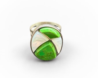 Sterling Silver 925 Gaspeite & Mother of Pearl Inlay Ring Size 11 Desert Rose Trading