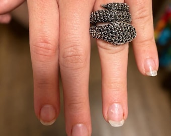 925 Sterling Silver Black CZ Snake Ring Size 6.25 Pave Serpent Wrap Ring Gothic Statement Jewelry