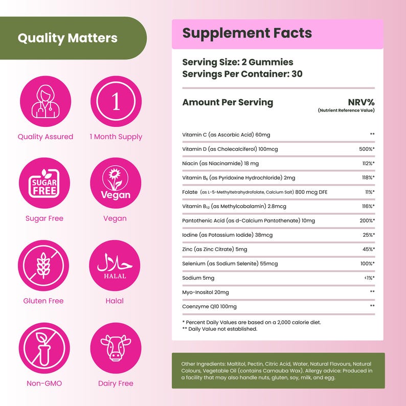 Fruchtbarkeitstee • Multivitamin Gummies für Frauen Vollgepackt mit • Myo-Inosit, Folsäure, Vitamin D, C & B12 - kostenloser Versand Bild 5