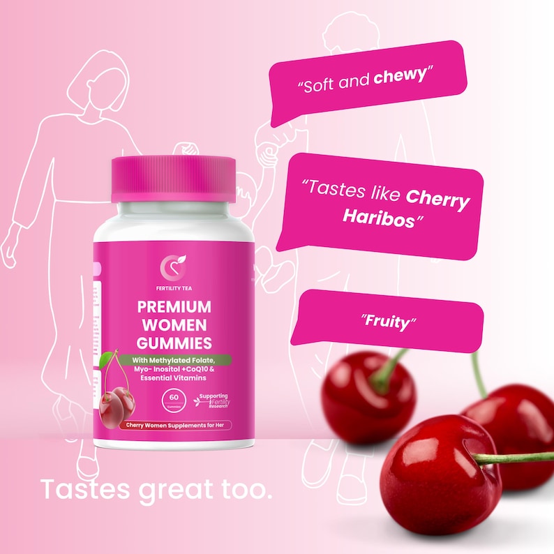 Fruchtbarkeitstee • Multivitamin Gummies für Frauen Vollgepackt mit • Myo-Inosit, Folsäure, Vitamin D, C & B12 - kostenloser Versand Bild 3