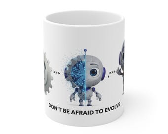 Taza GearyBot -No temas evolucionar- Taza de café con diseño de evolución de robot adorable, regalo ideal para amantes de la ciencia, la tecnología, la ingeniería, las matemáticas y la inteligencia artificial.