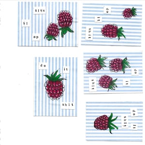 May include: A collection of watercolor illustrations featuring raspberries and text fragments on blue and white striped backgrounds. The text includes phrases like "do it" and "shit".