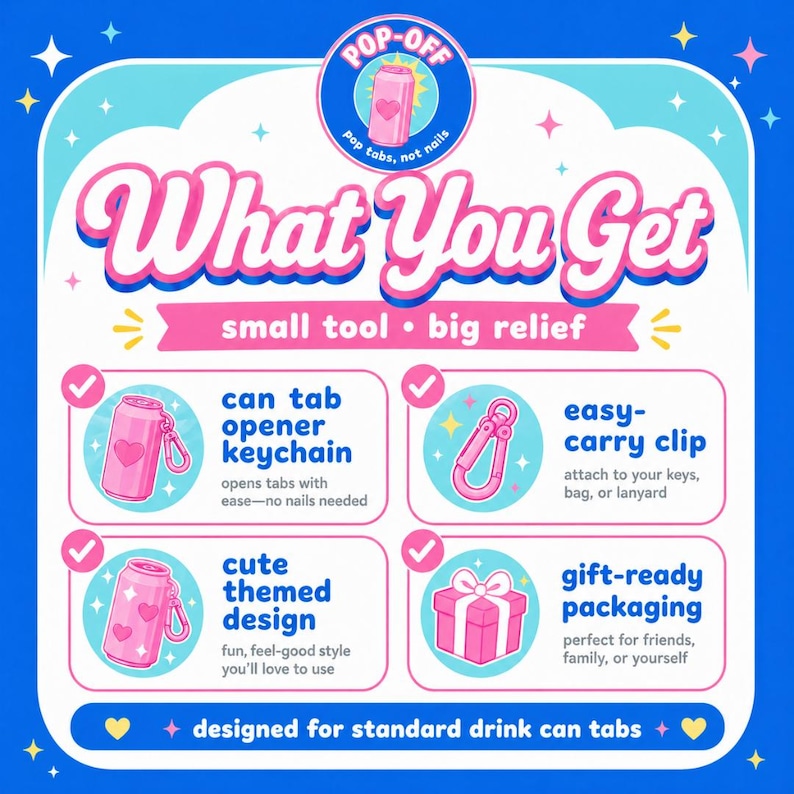 May include: A promotional graphic with a blue and pink color scheme. The text "What You Get" is displayed prominently. The image highlights a can tab opener keychain, easy-carry clip, cute themed design, and gift-ready packaging.
