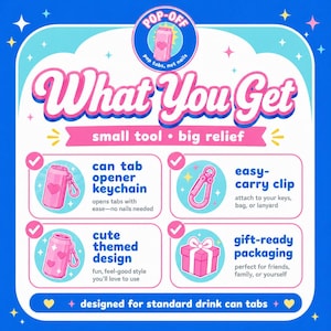 May include: A promotional graphic with a blue and pink color scheme. The text "What You Get" is displayed prominently. The image highlights a can tab opener keychain, easy-carry clip, cute themed design, and gift-ready packaging.