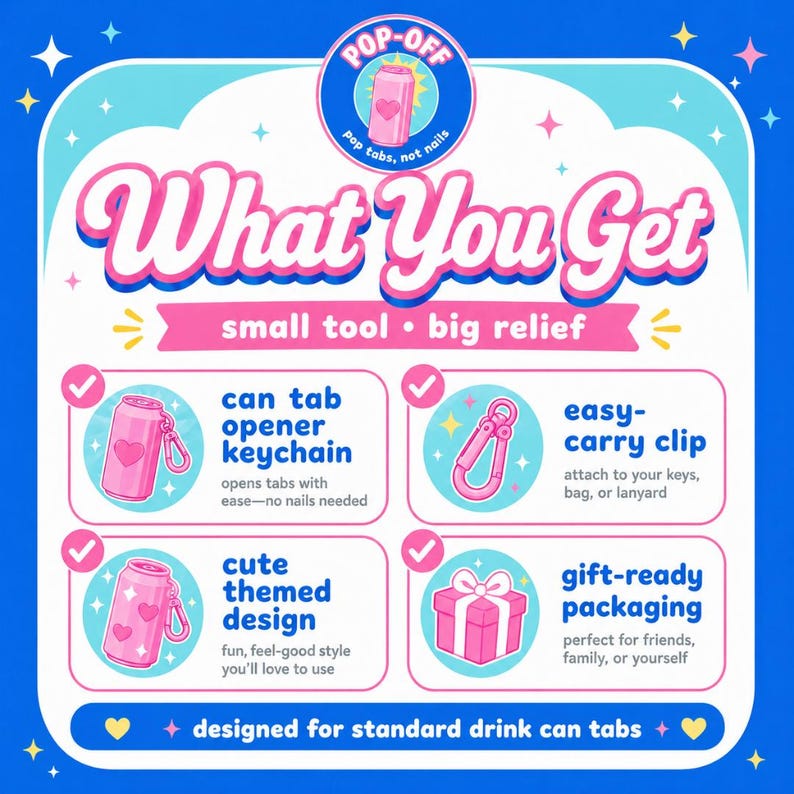 May include: A promotional graphic with a blue and pink color scheme. The text "What You Get" is displayed prominently. The image highlights a can tab opener keychain, easy-carry clip, cute themed design, and gift-ready packaging.