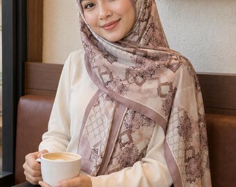 Op de afbeelding: Een vierkante hoofddoek met een mauve en crème kleurenpalet met een herhalend geometrisch en bloemmotief. De sjaal heeft een effen mauve rand en is over het hoofd en de schouders gedrapeerd, gecombineerd met een crème top met lange mouwen.