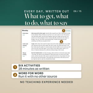 The Monday plan for week 12, Giving Thanks, with its 28 minutes pill. Circle time, letter and number and the theme activity are written out word for word: what to get, what to do and what to say, so a parent can run it with no other source.
