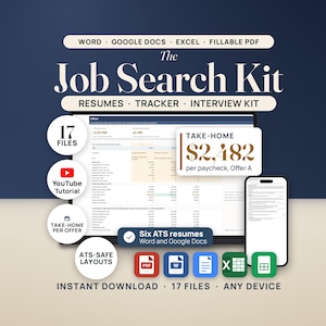 Hero image for The Job Search Kit: a laptop shows the real Offers tab of the Job Application Tracker, with a callout reading take-home $2,482 per paycheck for Offer A, and a phone shows a one-page Classic resume. Badges read 17 files, YouTube tutorial, take-home per offer, and ATS-safe layouts. Tiles show PDF, Word, Google Docs, Excel and Google Sheets.