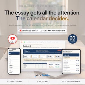 May include: A digital college application and scholarship command center dashboard displayed on a laptop, smartphone, and tablet. The interface features 20 connected tabs, 41 dated items, and tracks deadlines, essays, letters, aid, and award letters.