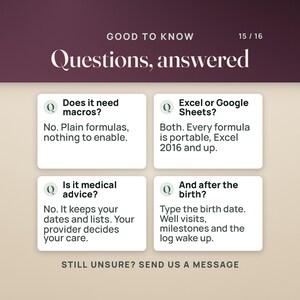 May include: An informational graphic titled Good to Know 15/16 Questions, answered. It features four white boxes with Q icons, addressing macros, software compatibility with Excel or Google Sheets, medical advice, and post-birth tracking features.