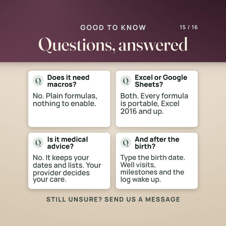 May include: An informational graphic titled Good to Know 15/16 Questions, answered. It features four white boxes with Q icons, addressing macros, software compatibility with Excel or Google Sheets, medical advice, and post-birth tracking features.