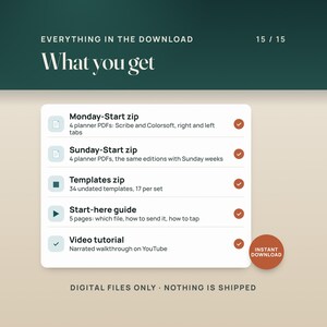What you get: the Monday-Start zip with 4 planner PDFs, the Sunday-Start zip with 4, the Templates zip with 34 undated templates, the 5-page start-here guide and the narrated video tutorial on YouTube. Instant download, digital files only.