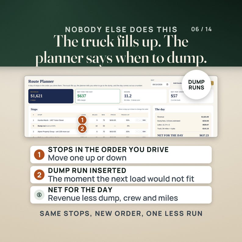 Junk Removal Pricing and Route Dashboard | Truck Load Fraction Calculator App, No Install | Dump Fee, Crew Cost & Job Profit image 6