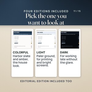 Puede incluir: Una pantalla digital que muestra cuatro ediciones de un rastreador financiero semanal. La interfaz presenta tres temas de color distintos: una versi&oacute;n colorida en pizarra y &aacute;mbar, una versi&oacute;n clara con fondo p&aacute;lido y una versi&oacute;n oscura en negro.