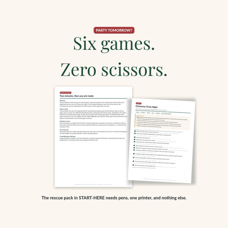 The Party Is Tomorrow rescue page next to a ready trivia sheet: six games, zero scissors, fifteen minutes, needing only pens and one printer.