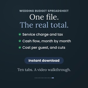 Op de afbeelding: Een donkerblauwe digitale grafische afbeelding voor een huwelijksbudget-spreadsheet met witte tekst: Wedding Budget Spreadsheet, One file. The real total. Het bevat servicekosten, belastingen, maandelijkse cashflow, kosten per gast en bezuinigingen.