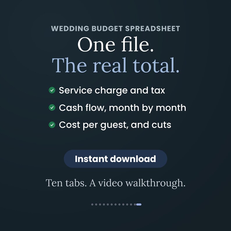 Op de afbeelding: Een donkerblauwe digitale grafische afbeelding voor een huwelijksbudget-spreadsheet met witte tekst: Wedding Budget Spreadsheet, One file. The real total. Het bevat servicekosten, belastingen, maandelijkse cashflow, kosten per gast en bezuinigingen.
